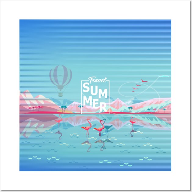 Hello Summer Flamingo Tropical Sea Beach and Rocky Mountains Wall Art by sofiartmedia